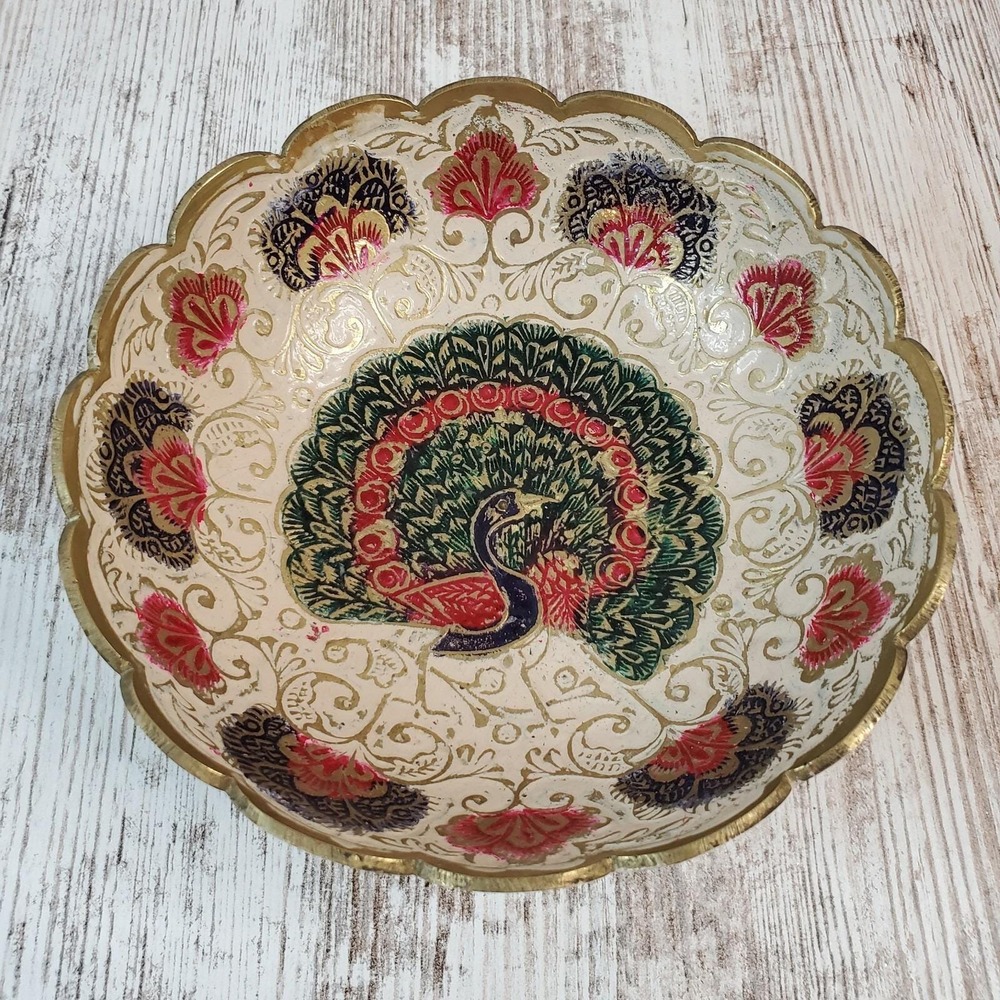 Vintage Brass Enamel Hand Painted Peacock Bowl Scalloped Rim Footed Pedestal